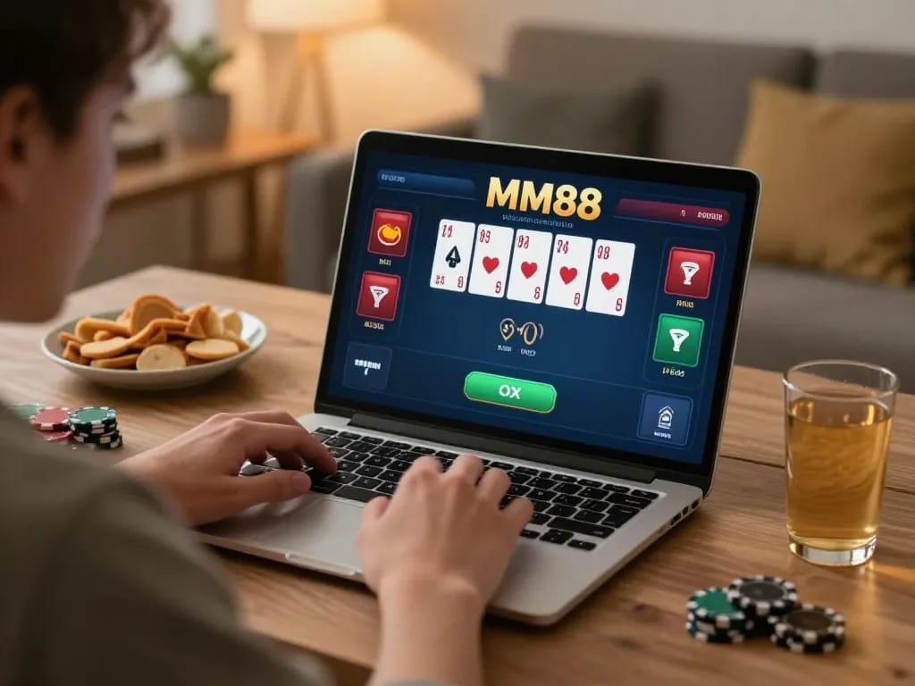 Engaged player enjoying poker games on MM88 website from home with cozy setup