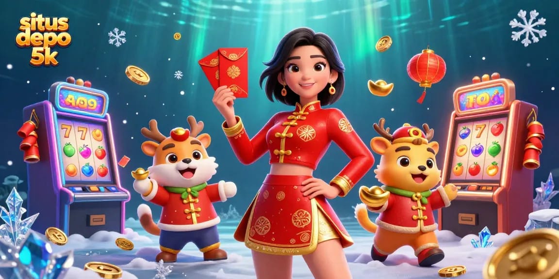 Experience winning at situs depo 5k with vibrant 3D casino illustration showcasing dynamic game elements.
