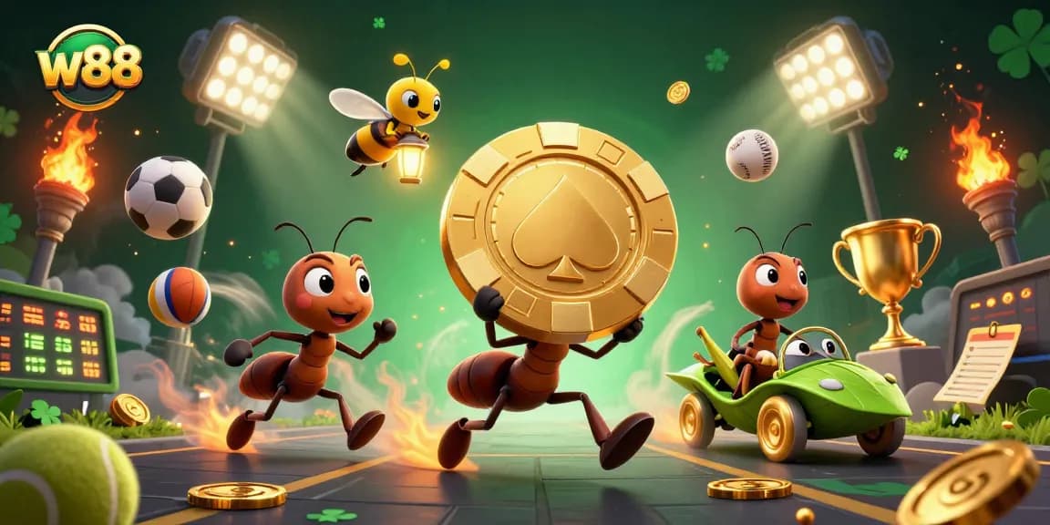 Chơi tại W88 với hình ảnh đội kiến thực hiện phi vụ, mang theo chip poker khổng lồ đầy màu sắc.