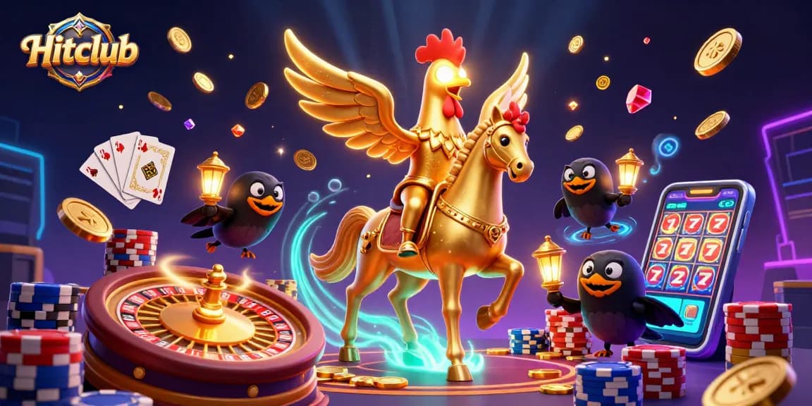 Engage with Hitclub's thrilling gaming world featuring golden rooster, vibrant casino elements, and a magical atmosphere.