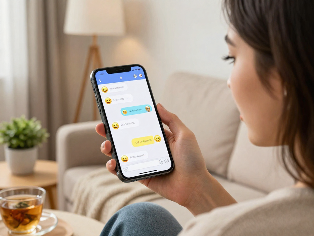 Youthful woman engaging in playful porn chat AI conversation on smartphone in cozy setting.