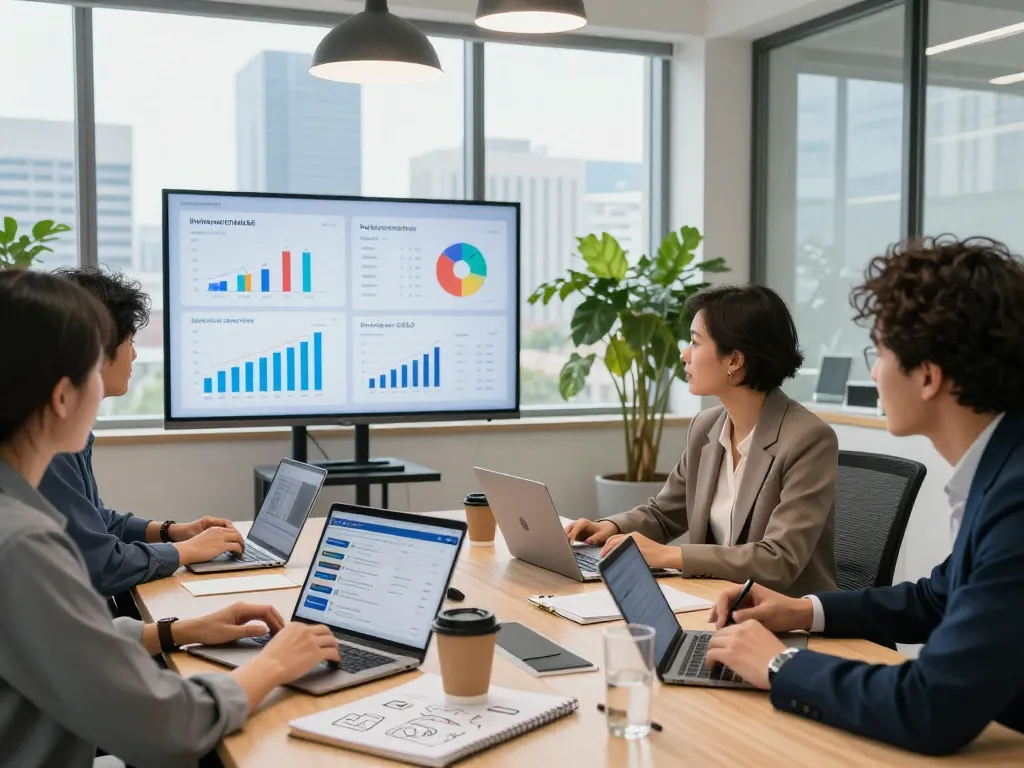 Team collaborating on group buy SEO tools strategy in modern office