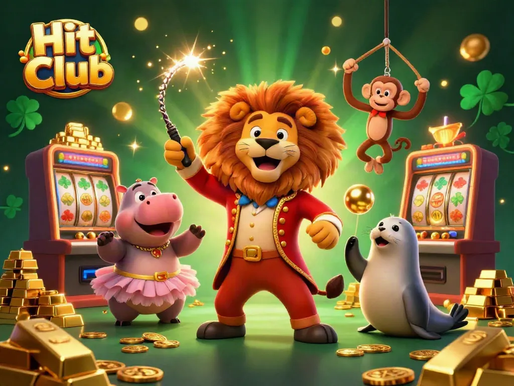 Hit Club casino scene with animated characters and vibrant slot machines, showcasing excitement and rewards.