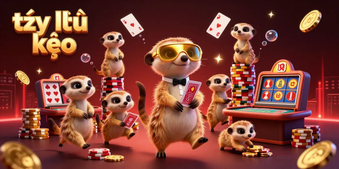 Betting on tỷ lệ kèo with meerkats running a vibrant casino featuring golden stacks, dynamic games, and exciting action.