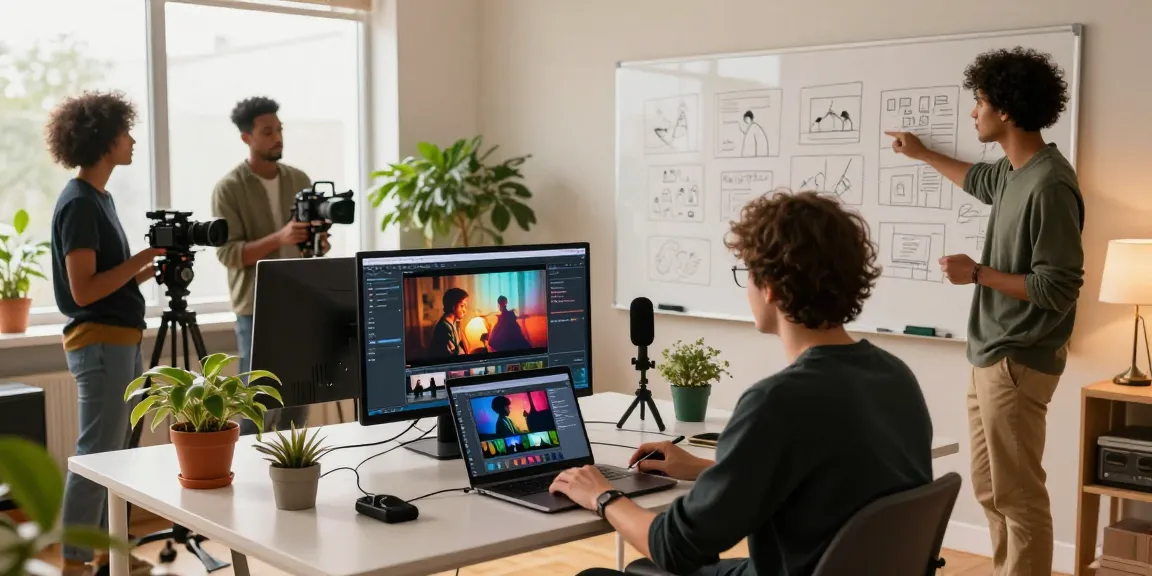 Filmmakers using ai seedance 2.0 for collaborative video creation in a vibrant studio.