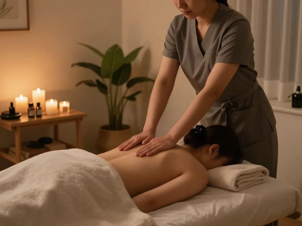 Providing 하남출장마사지 in a serene home environment with candles and soothing ambiance