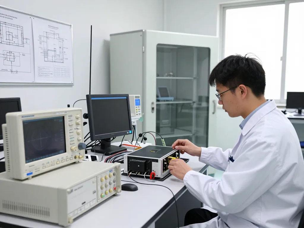 EMC Testing in a high-tech lab with technician analyzing equipment performance.