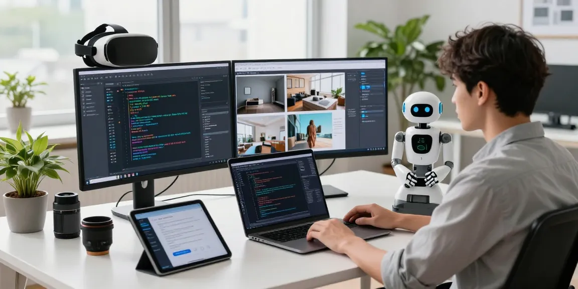 AI image checker workspace with a data scientist analyzing images using advanced software on multiple monitors.