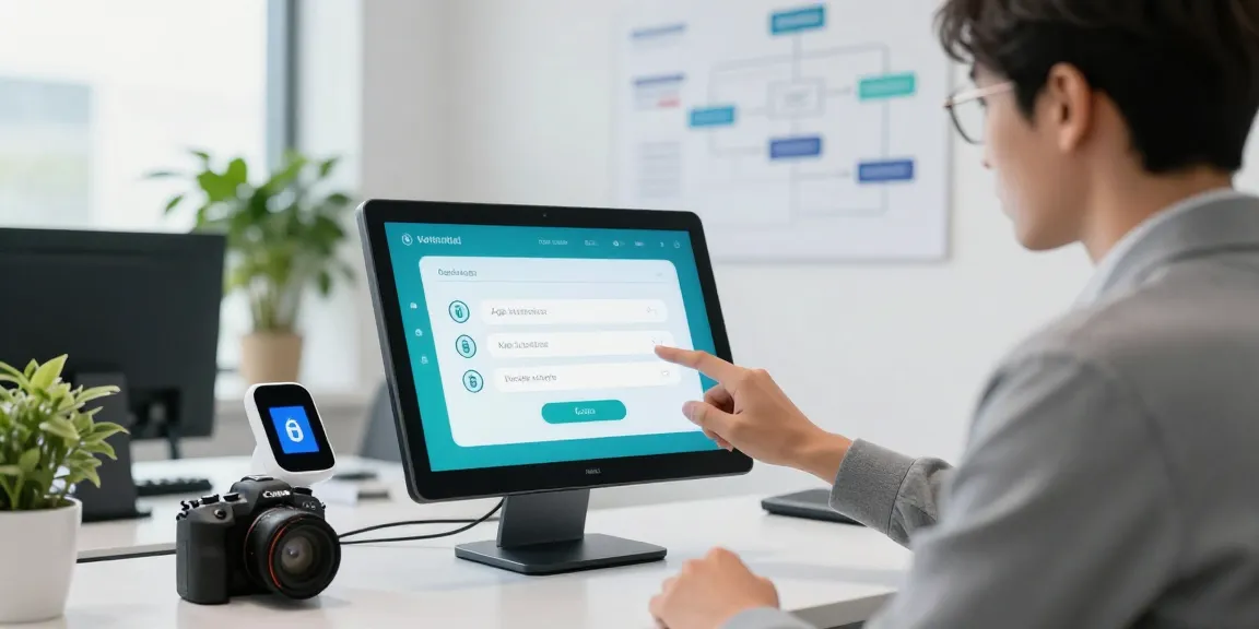 Engaging scene of a user utilizing an age verification system in a modern office, highlighting biometric scanning and data security.