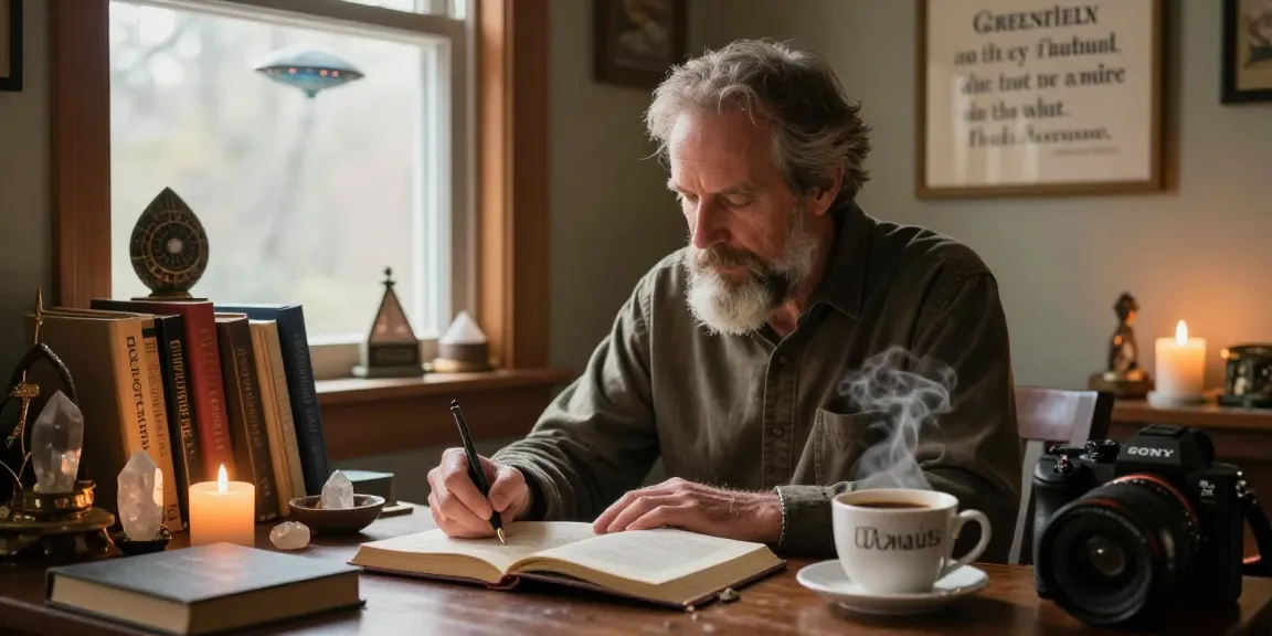 T Allen Greenfield writing about spirituality and UFOs at https://tallengreenfield.com, with inspirational elements around.