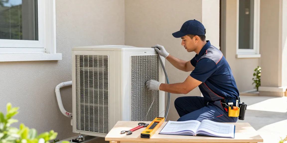 Central Air Conditioning Installation with a technician connecting refrigerant lines to a modern outdoor unit, showcasing professional HVAC service.