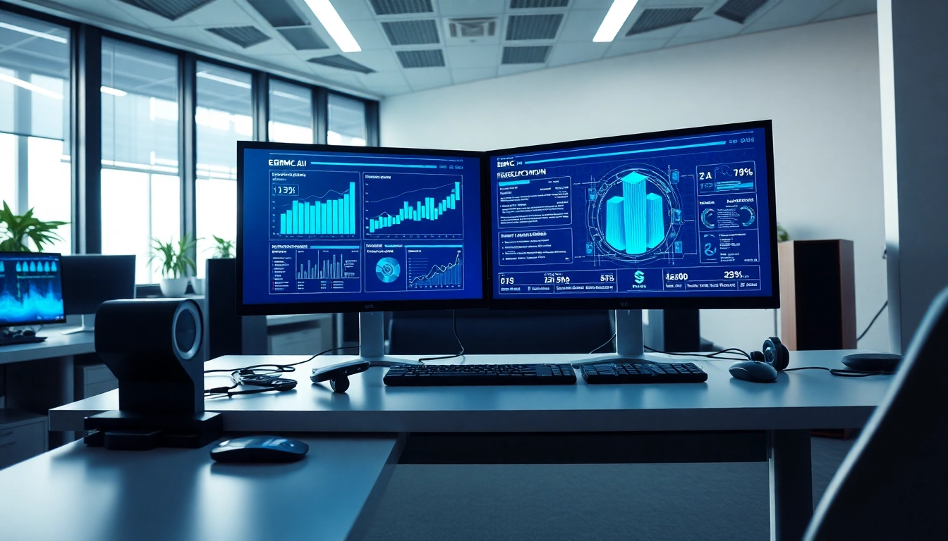 EORMC AI blockchain development workstation with dual monitors and vibrant data analytics.