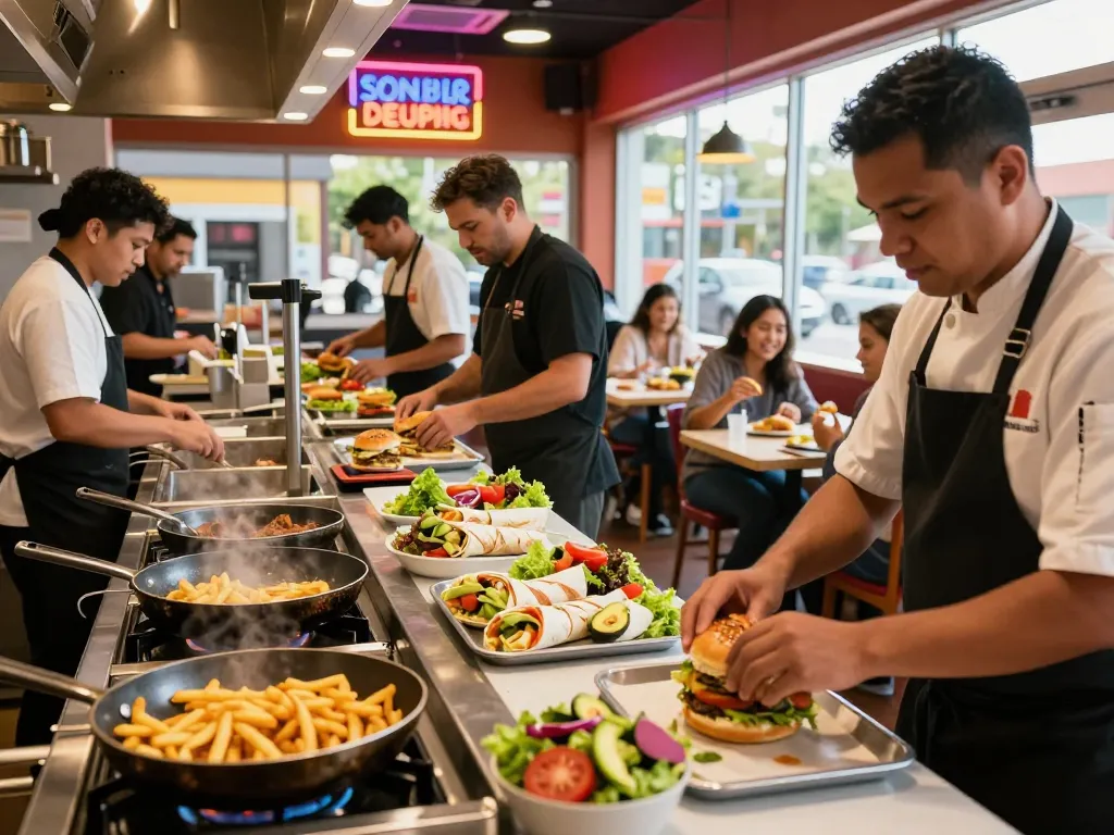 Fast food menu items being prepared in a bustling restaurant kitchen.