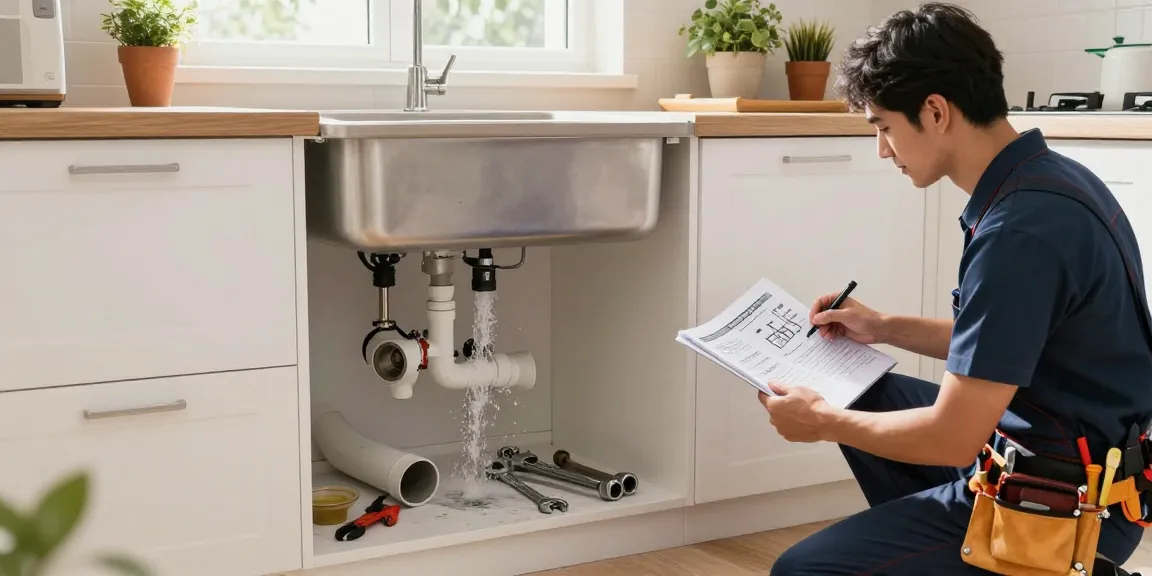 Plumber working urgently under a sink to find out more about plumbing fixes in a modern kitchen