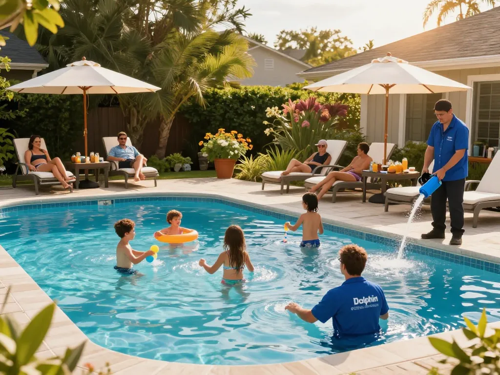 Dolphin Pool Services team ensuring quality maintenance in a vibrant backyard pool setting filled with family fun.