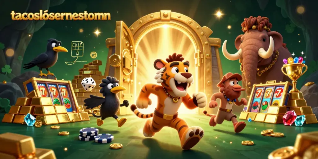Permainan menarik di kasino "tacoslosernestomn" dengan karakter menarik dalam ilustrasi digital 3D.