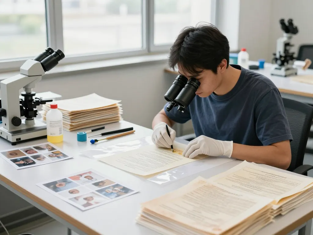 Removing bóc plastic from important documents in a professional restoration workshop.