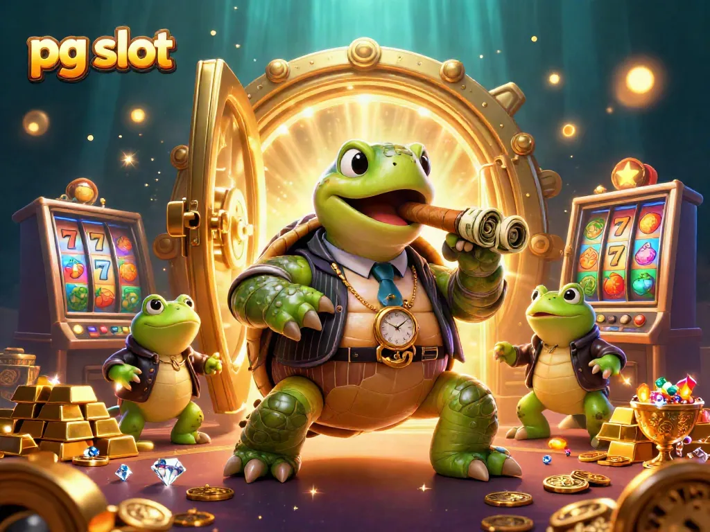 Experience immersive gameplay with pg slot in a vibrant casino scene featuring a gangster turtle and bullfrog enforcers.