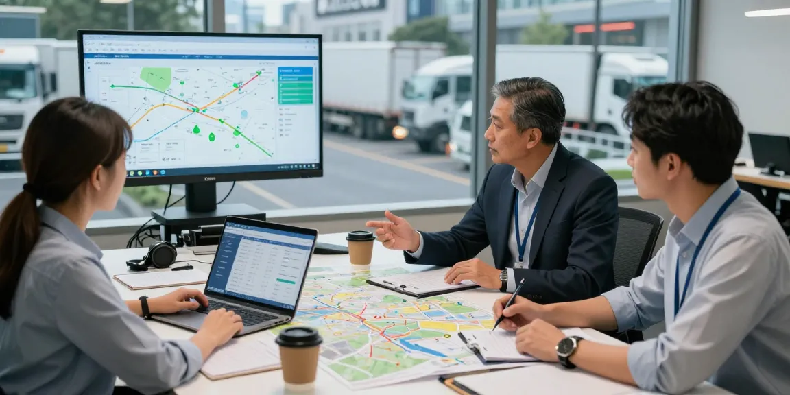 Spedition Dortmund: Professionelles Team plant internationale Transporte in modernem Büro.