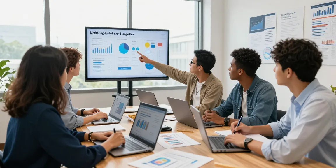 Students engaged in a collaborative workspace, learning about Marketing analytics and targeting course through data visualizations.