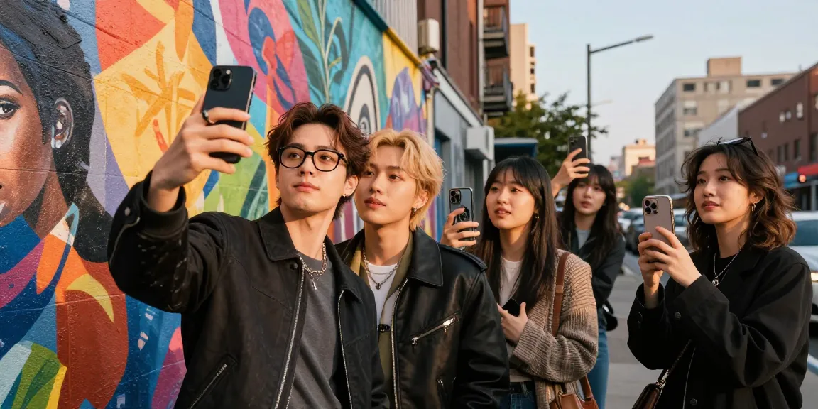 Young adult discovering their celebrity look alike through a selfie in a vibrant urban setting.