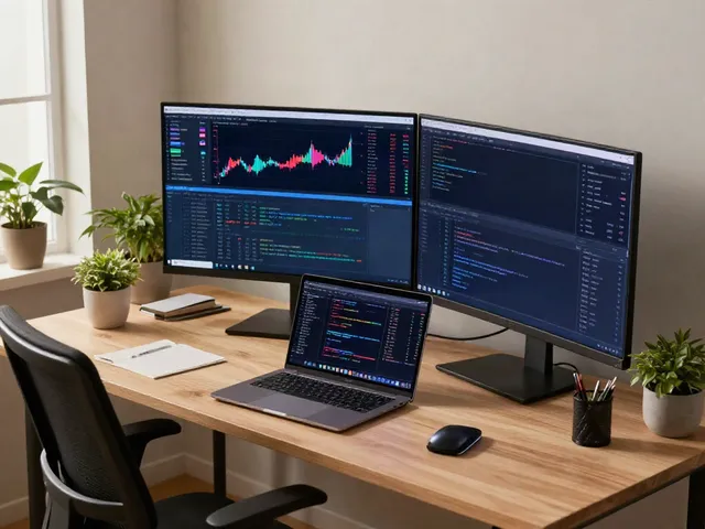 Dynamic workspace for cryptocurrency trading and 日本株 WebSocket API development with multiple screens, coding activities, and warm lighting.