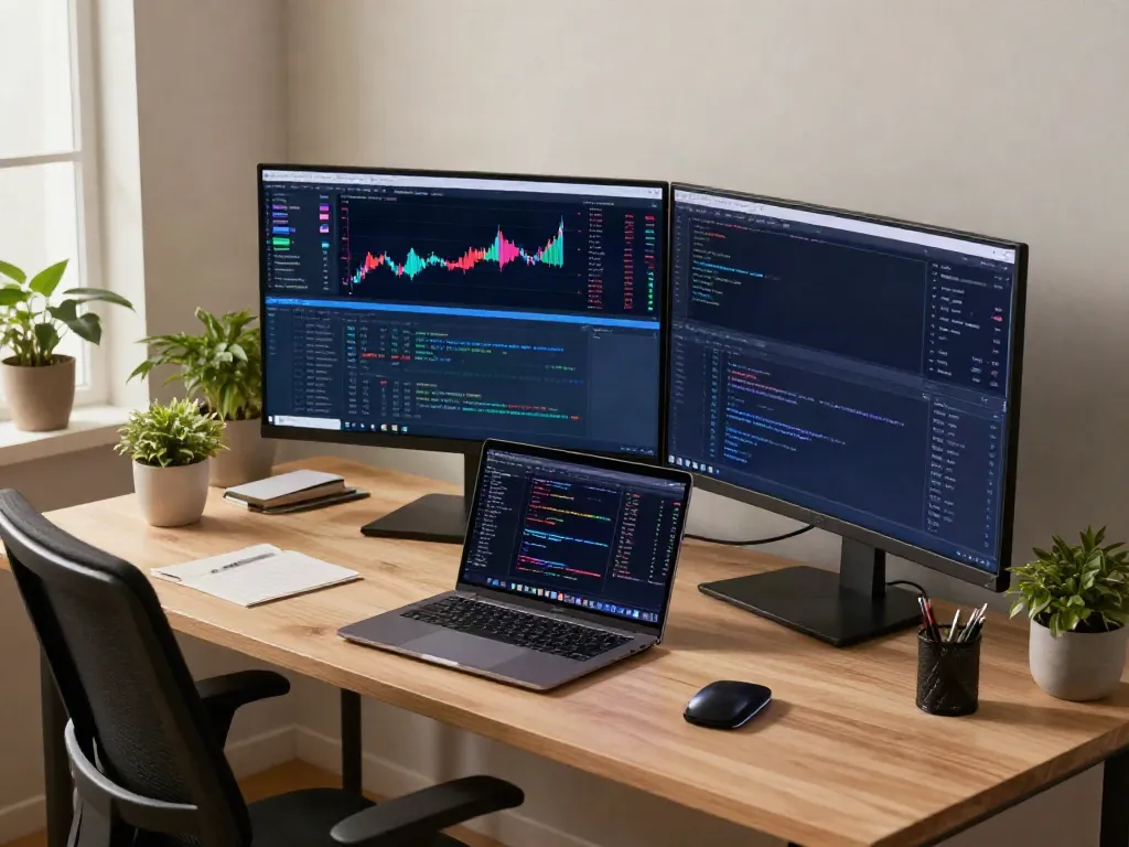 Dynamic workspace for cryptocurrency trading and 日本株 WebSocket API development with multiple screens, coding activities, and warm lighting.