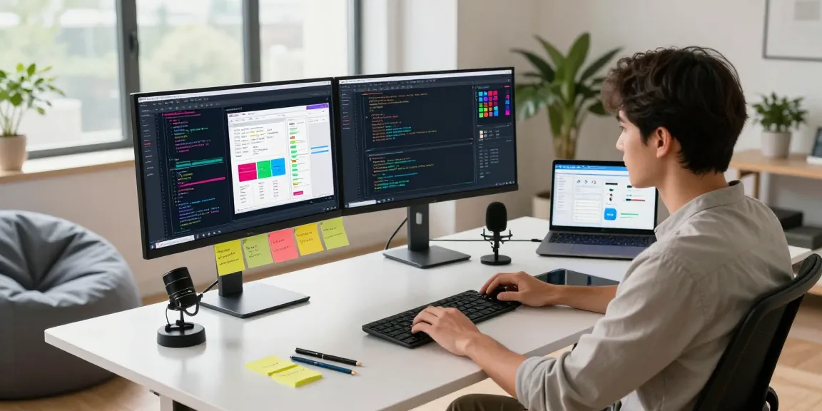 Software developer working on telegraimin.com in a modern workspace with vibrant code on dual monitors.