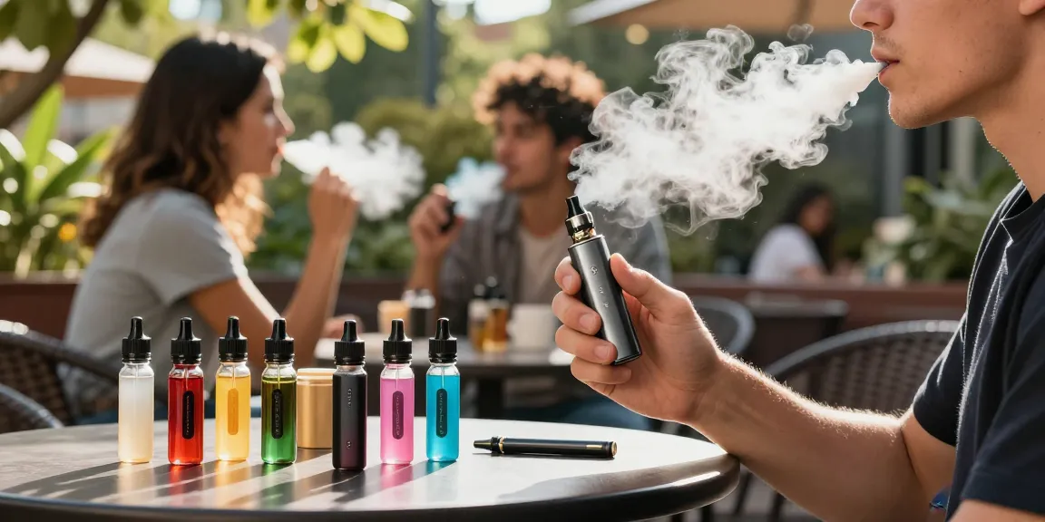 Relaxing environment featuring a person enjoying 電子煙油 while surrounded by colorful vape liquids.