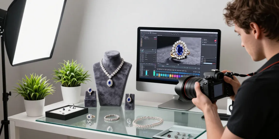 Fotografo di Gioielli al lavoro in studio, catturando dettagli di anelli e collane con luci professionali.