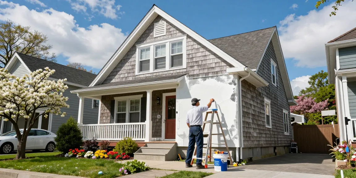 Painters in Portland Metro Area applying fresh paint to charming home in a sunny neighborhood.