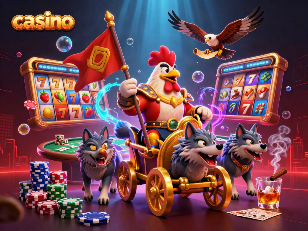 Engaging casino scene featuring a rooster warlord and wolves with dynamic slot elements including reels and chips.