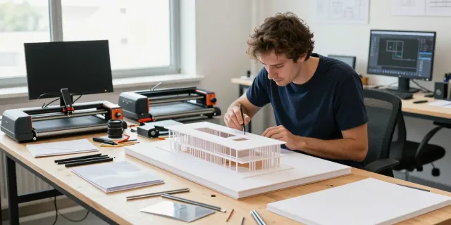 Architectural model maker Germany crafting intricate building models in a bright studio.