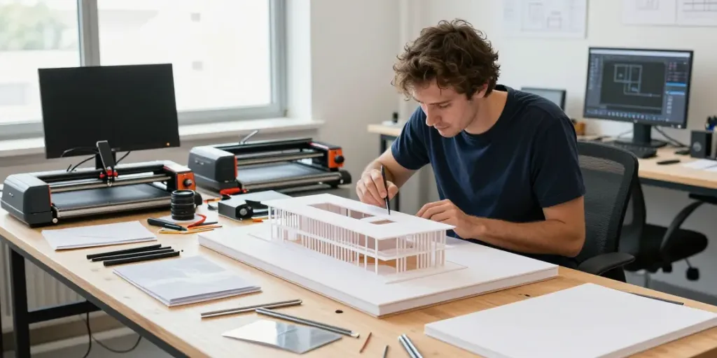 Architectural model maker Germany crafting intricate building models in a bright studio.