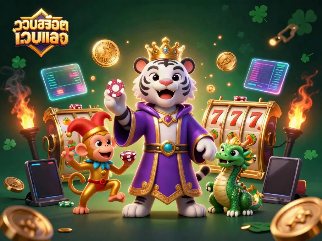 Engage with รวมสล็อตเว็บตรง featuring a vibrant 3D scene of a tiger and monkey amidst joyful gaming elements.