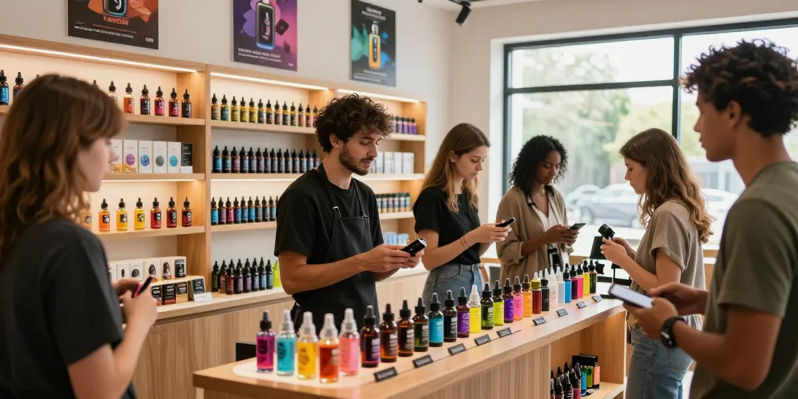 Customers exploring Alt Zero E-Liquid options in a vibrant vape shop.
