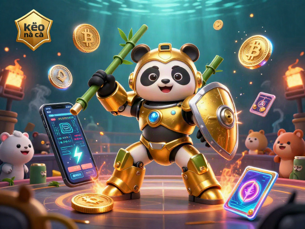 Kèo nhà cái analysis with a dynamic 3D panda showcasing action and cryptocurrency elements.