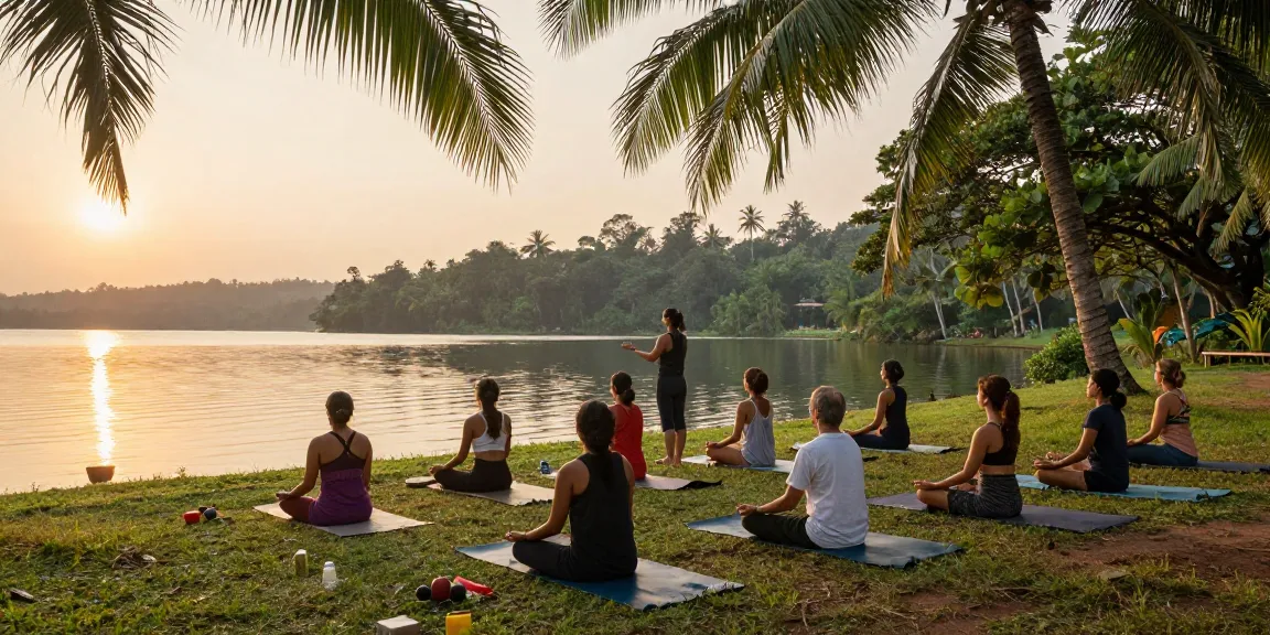 yoga teacher training sri lanka group practicing meditation at Koggala Lake during sunrise