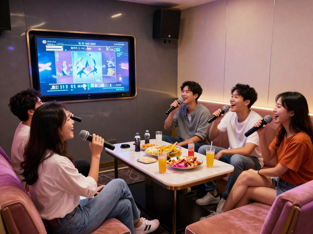 유앤미 가라오케의 아늑한 프라이빗 룸에서 친구들과 노래를 즐기는 장면