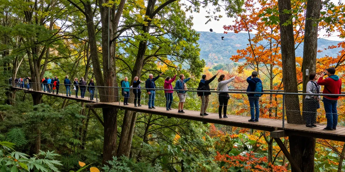 Treetop Walkway experience with travelers engaging with nature, surrounded by autumn foliage.