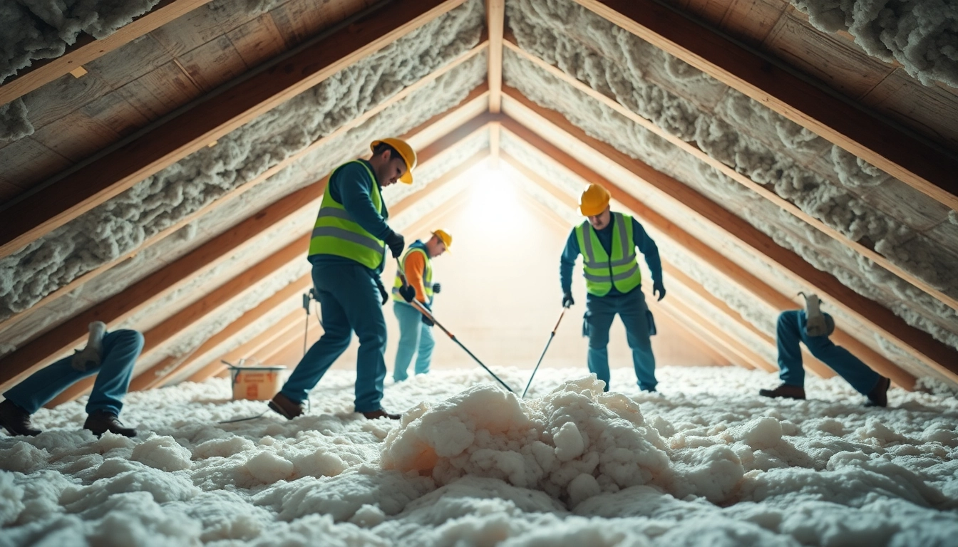 Roof insulation removal company team efficiently removing insulation in a bright attic setting.