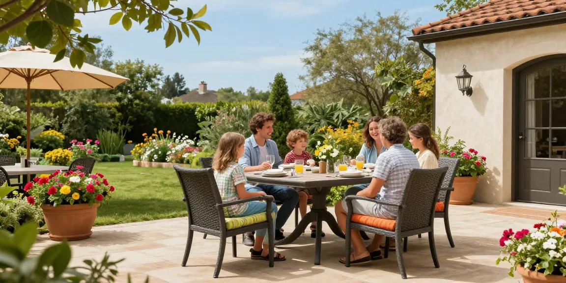 Gathering around weather resistant patio furniture in a lush garden setting.