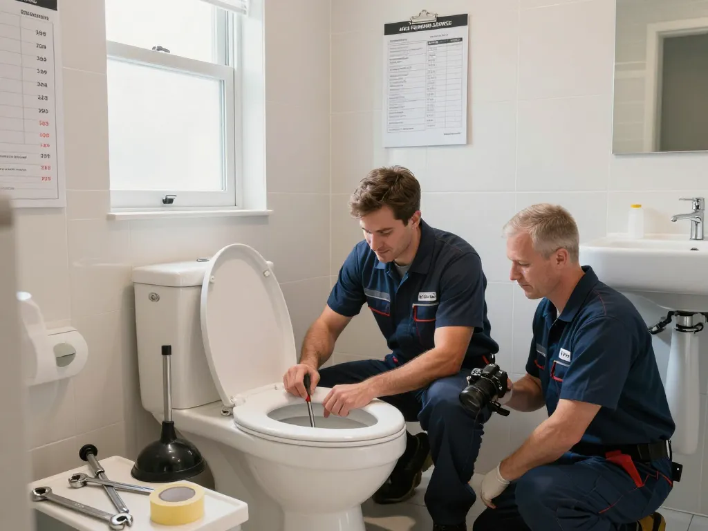 Apex Plumbing Services service team repairing a broken toilet with professionalism and expertise in a modern bathroom.