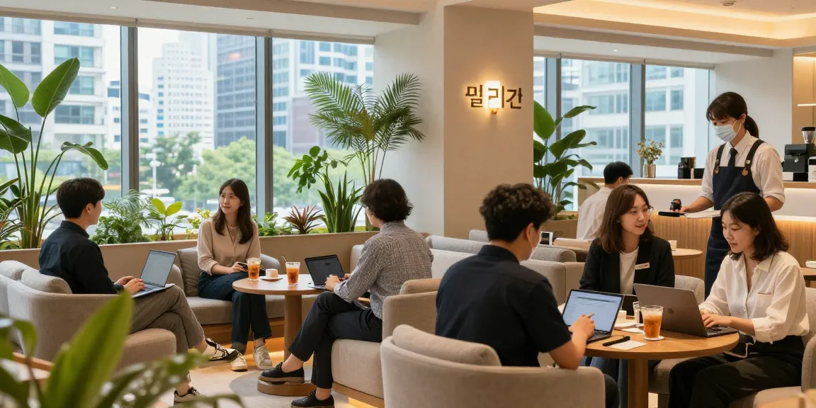 강남 멀리건의 아늑하고 세련된 라운지 공간에서 손님들이 즐거운 대화를 나누고 있는 모습