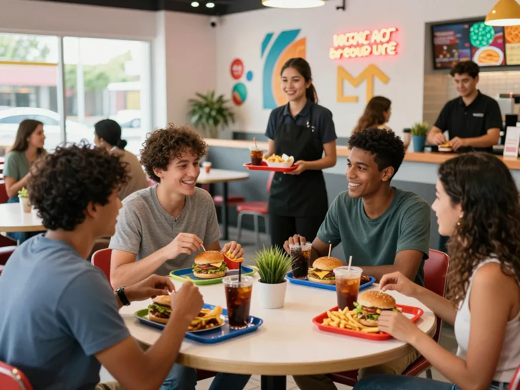 Fast food menu items shared among friends in a lively restaurant setting