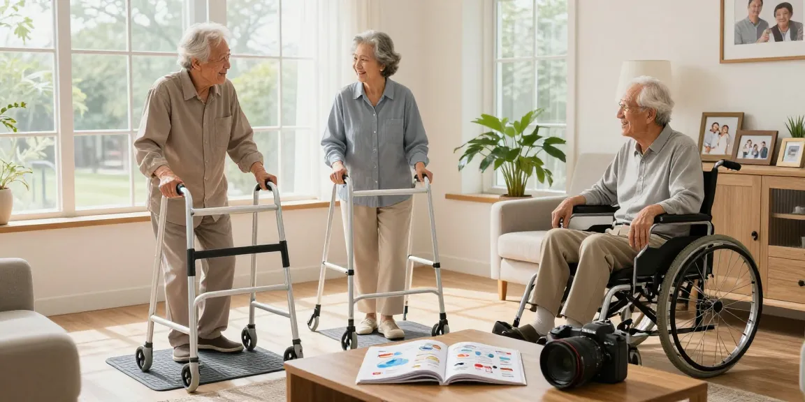 Explore 長者用品香港 in a cozy home setting with seniors discovering mobility aids and safety products.