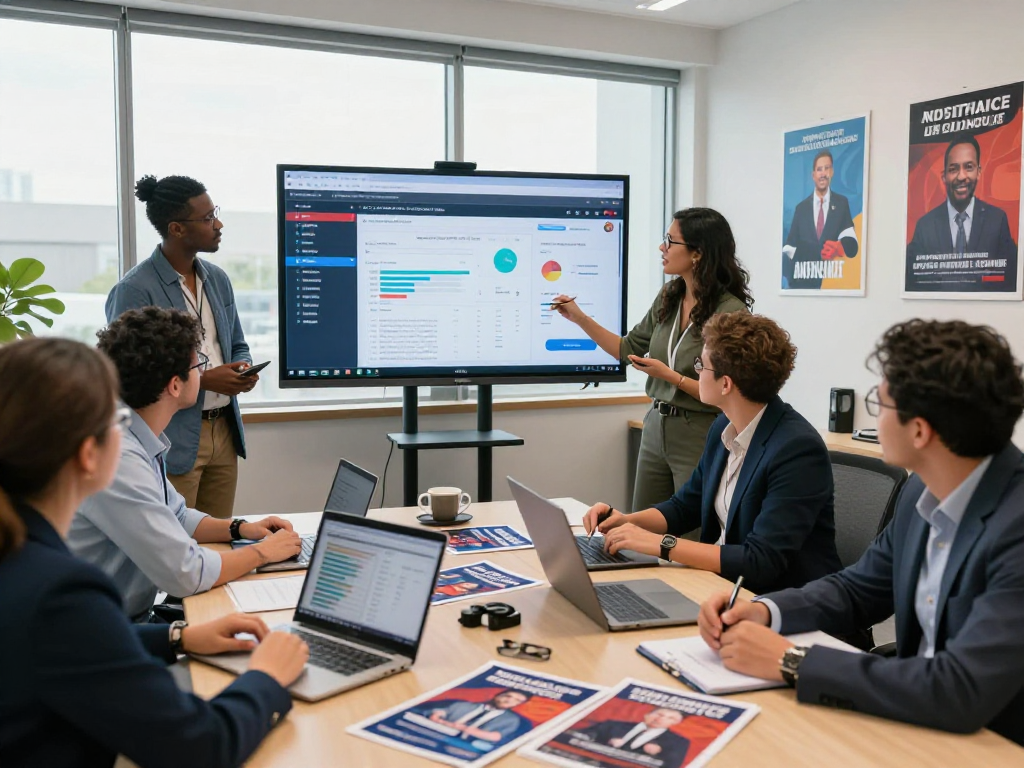 Mass text for political campaigns visualized with strategists analyzing data in dynamic office setting