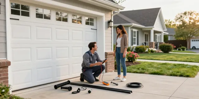 Technician inspecting garage door that won't open, tools and parts visible in suburban setting.