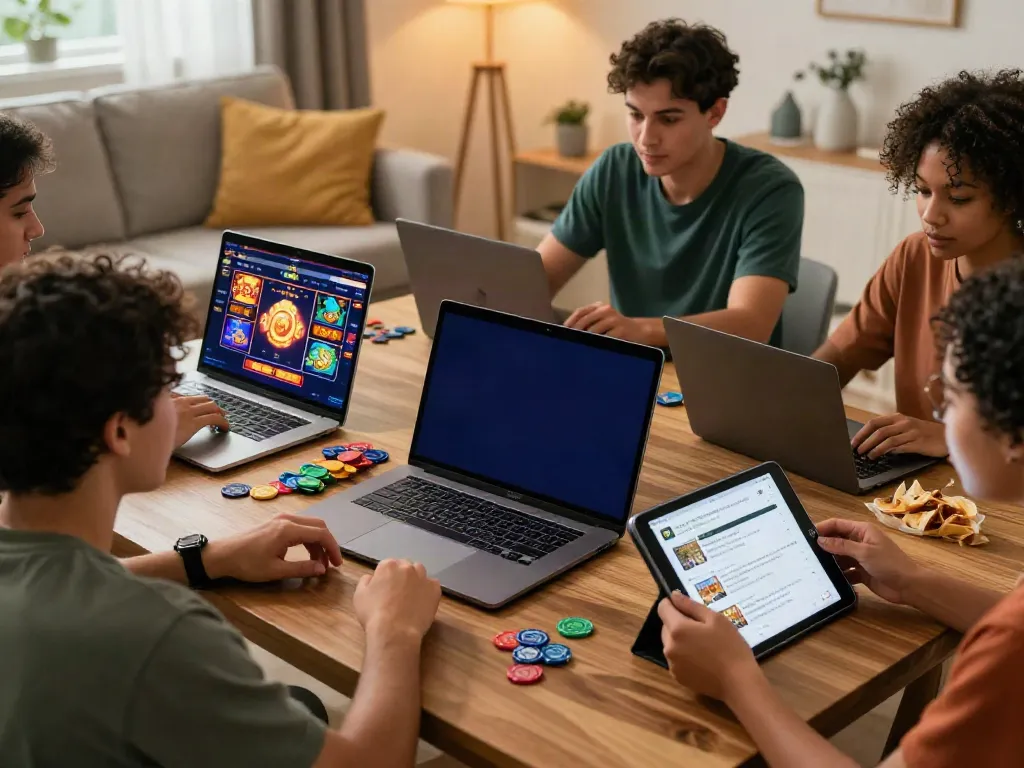 Diverse individuals enjoying slot games online on various devices in a cozy home setting.