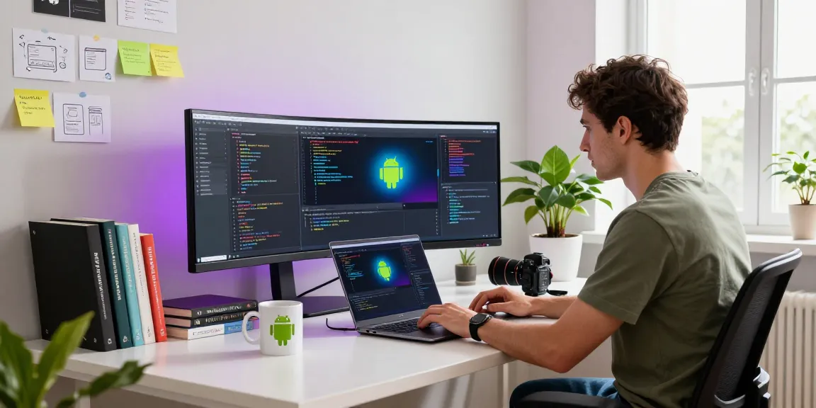 Developer creating Advanced Android animations and MotionLayout in a modern workspace with coding setup.